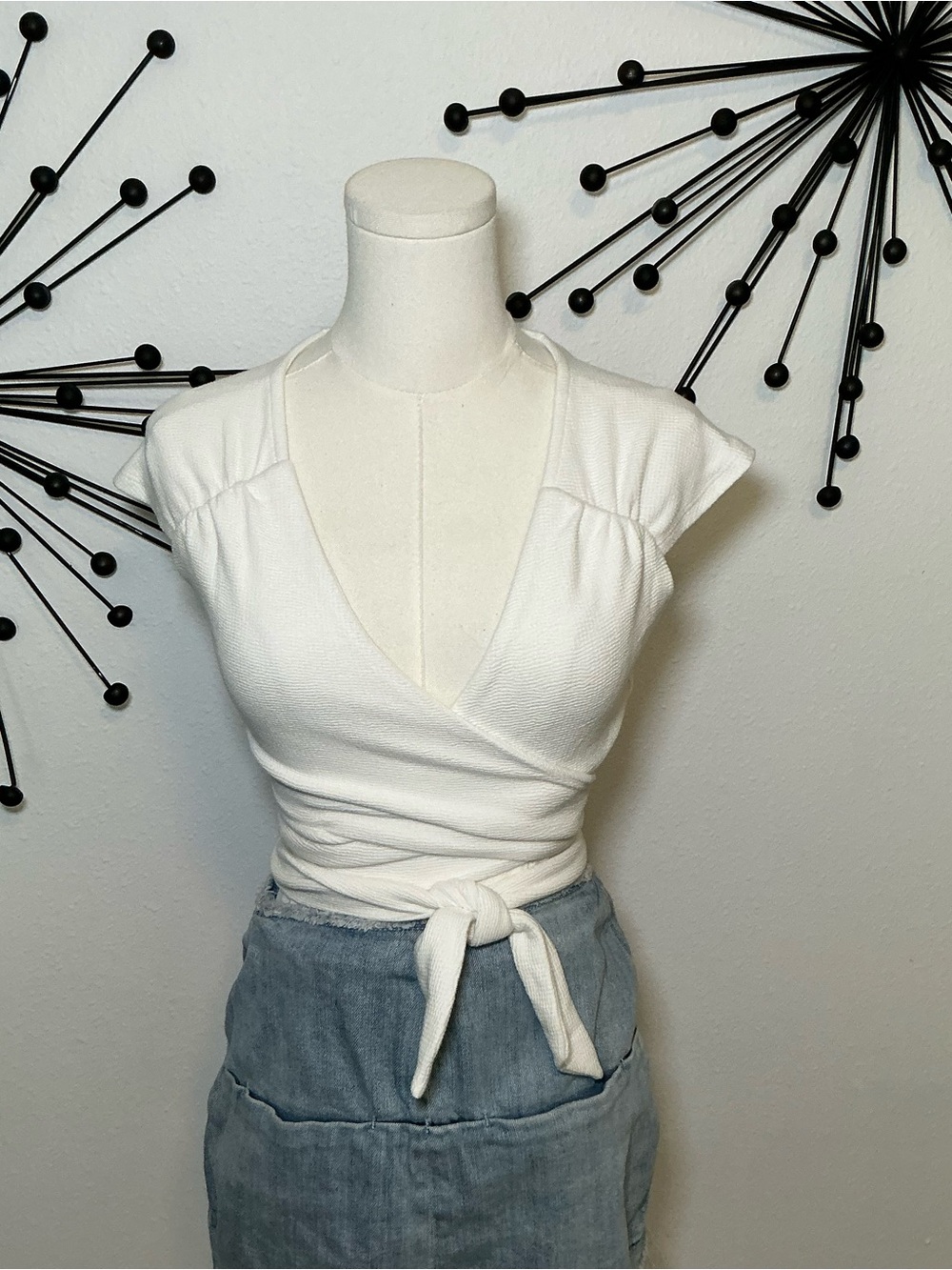 Seven Seven White Wrap Tie Short Sleeve Textured Top XS
